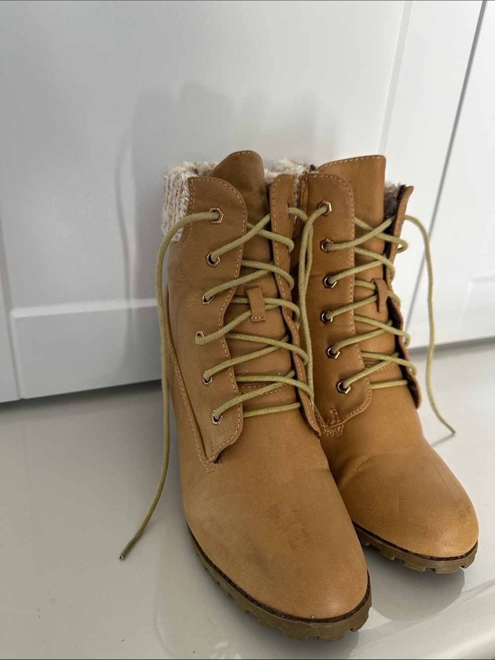 Call it Spring Women's Tan Lace-Up Faux Velvety Leather Ankle Boots